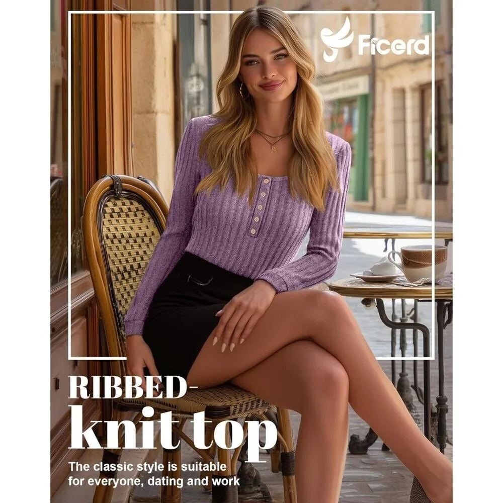 Women's Lightweight Ribbed Knit Sweater Long Sleeve Tunic Casual Top